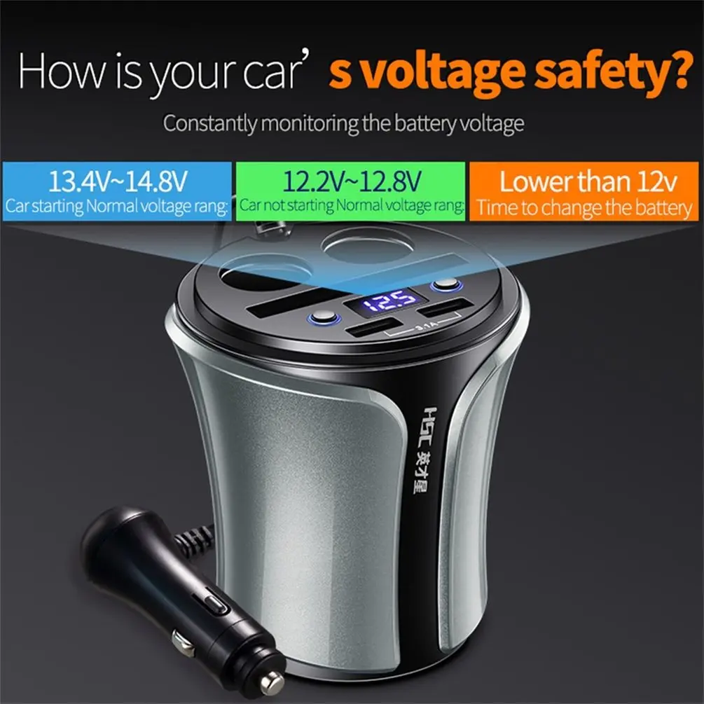 

Multi-function 12-24V 100W+40W Car Cigarette Lighter Dual USB Charge for Mobile Phone Tablet PC Battery Voltage Tester HSC108D