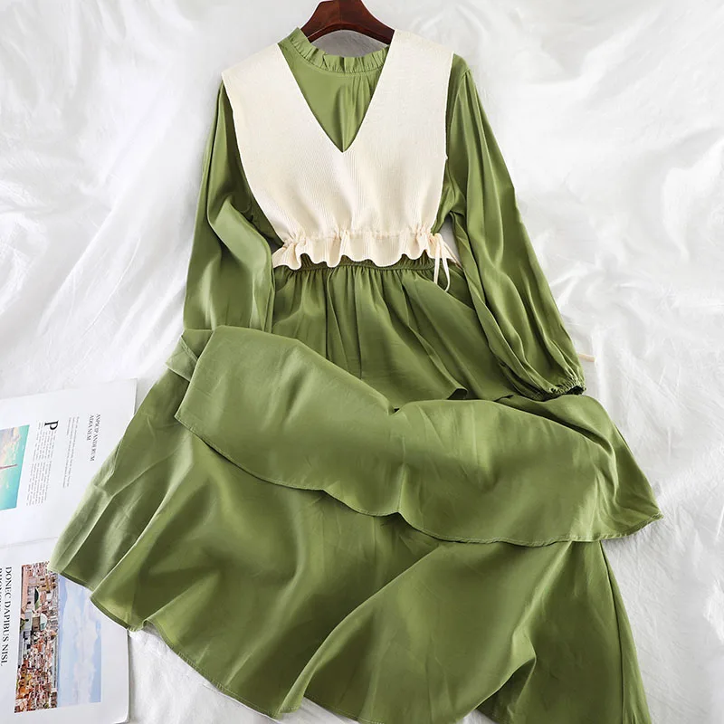 

2019 new fashion women's Sweet fresh long section knit vest two-piece dress female