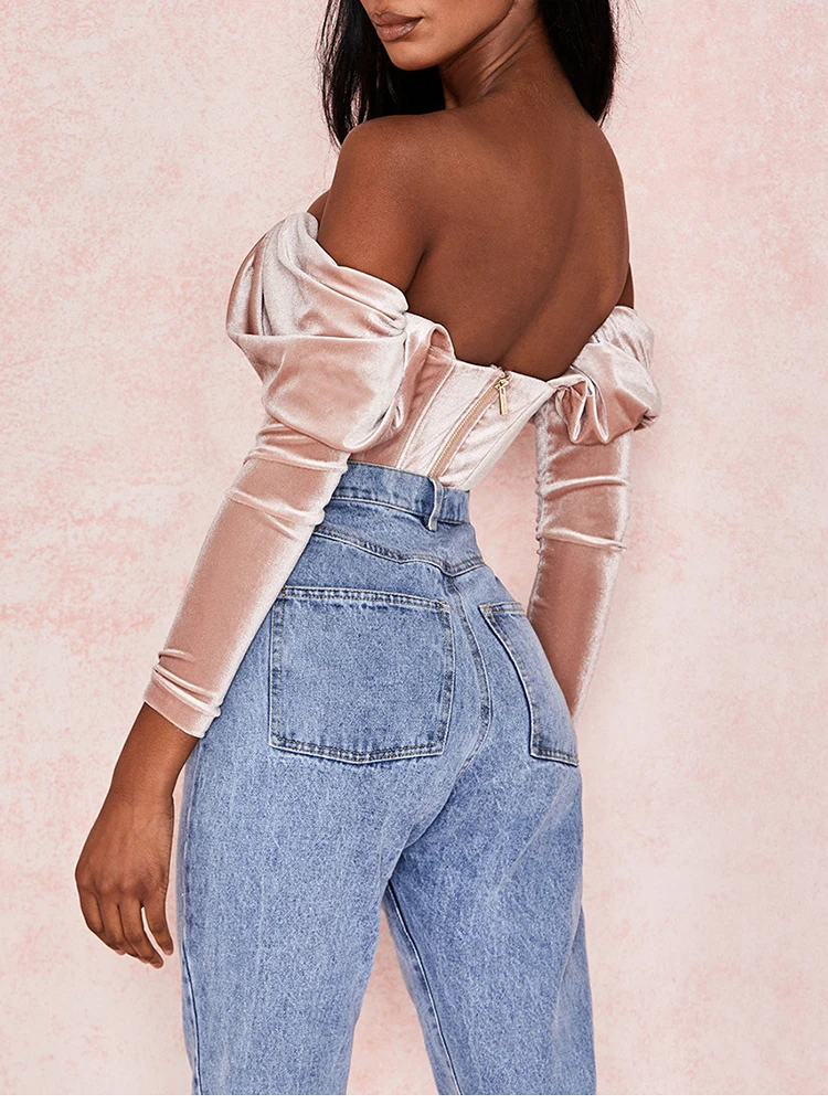 NewAsia Boning Corset Shirt Velvet Blouse Women Autumn Vintage Long Sleeve Ruched Off Shoulder Corset Tops Ladies Sexy Shirt New