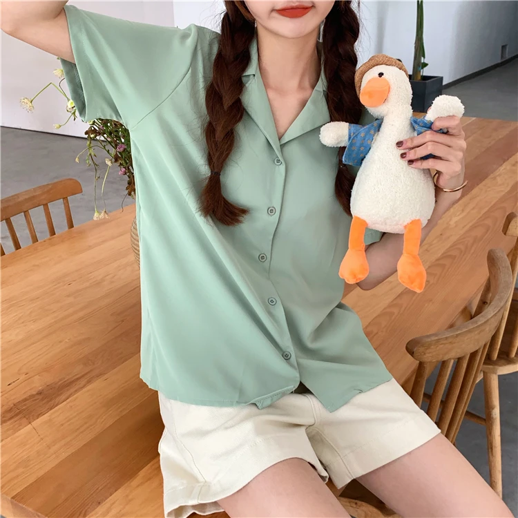 Turndown Collar Short Sleeve Chiffon Shirt Blouse Women 2020 Office Ol Overalls Shirt Casual Button Loose Summer Simple Tops Turndown Collar Short Sleeve Chiffon Shirt Blouse Women 2020 Office Ol Overalls Shirt Casual Button Loose Summer Simple Tops