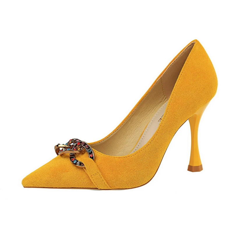 Yellow Весенние женские туфли-лодочки Tacones элегантные стразы из замши; Цвет зеленый, желтый, обувь на высоком каблуке Женская обувь с украшением в виде кристаллов обувь для вечеринок Свадебные туфли - Color: Yellow