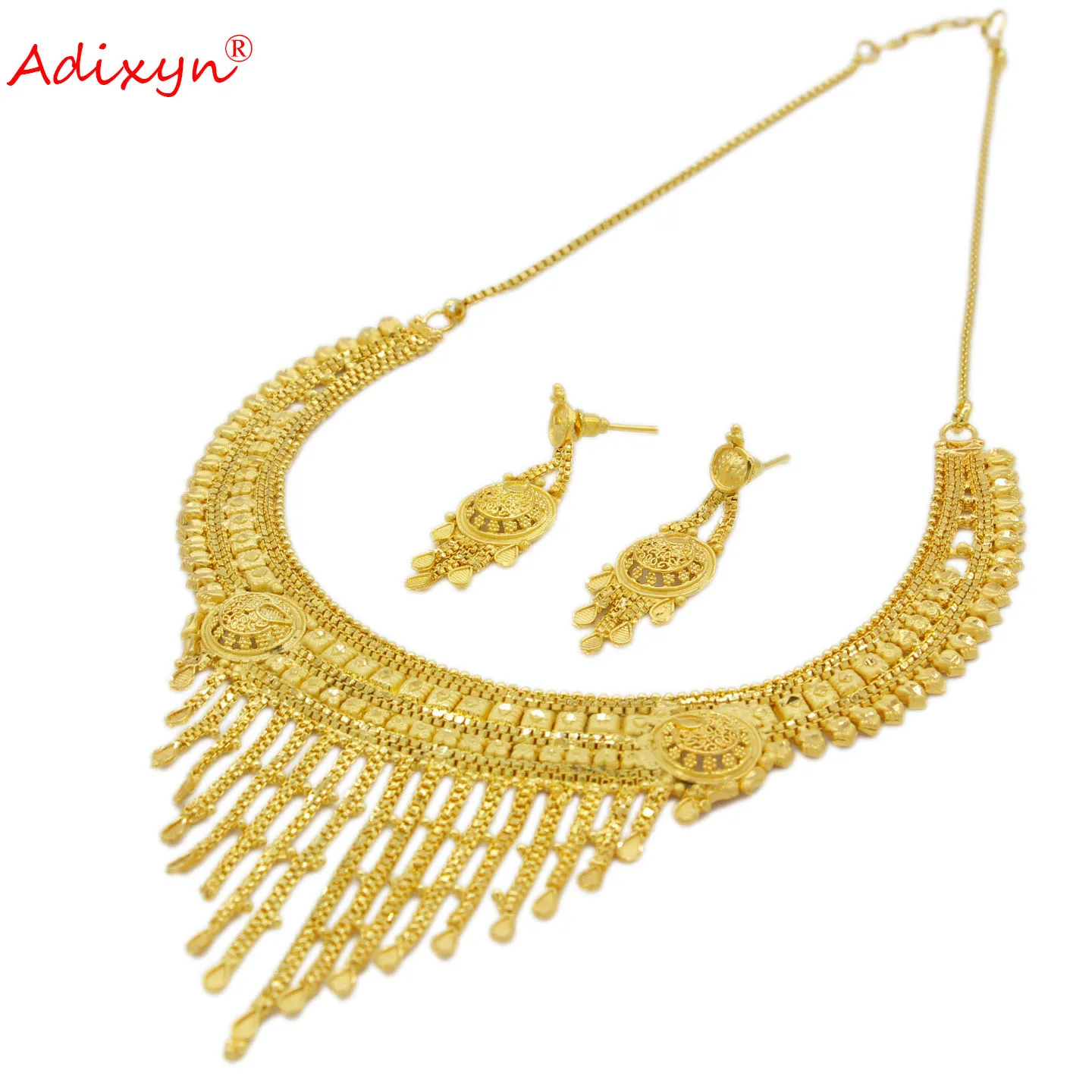 Adixyn Dubai 24k Gold Color Tassels Earrings Necklace Jewelry Set for Bridal Women African Gifts N12162