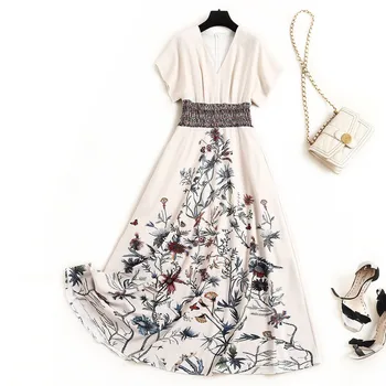 

Summer Fashion Runway Dress High Quality Women Designer Short Sleeve V Neck Floral Print Mid Calf Aline Chiffon Vacation Dress