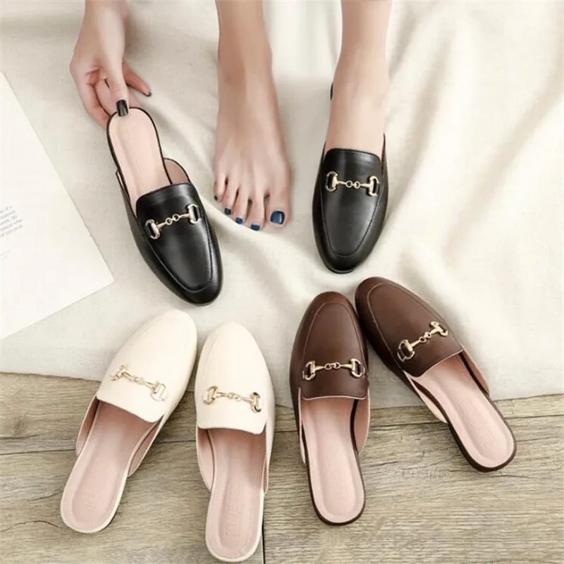 

Women Mueller shoes baotou half slippers New Muller slippers leather half - slipper plus size loafers fashion plus flat heel