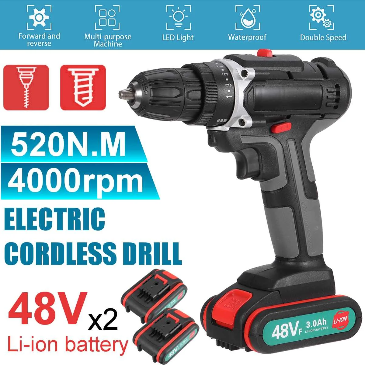 48VF Impact Dril Electric Screwdriver Drill Rechargeable Multifunction