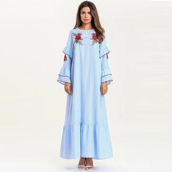 

European and American fashion ladies temperament trumpet sleeves long skirt Muslim national folds embroidered loose thin dress