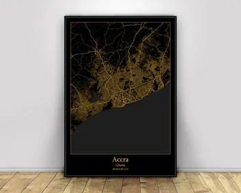 

Accra Ghana Black&Gold City Light Maps Poster Custom World Art Canvas painting wall pictures for living room Home Decor