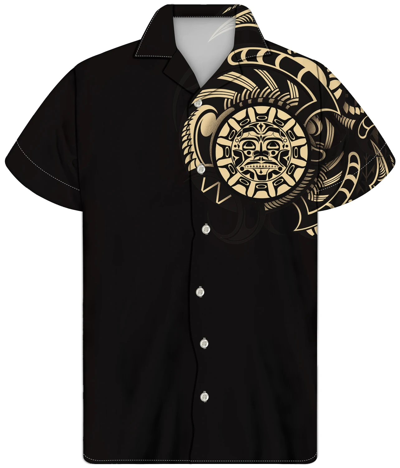 

Good Quality Men's Button Tops Custom Polynesian Tribal Black Background With Gold Face Stripes Print Men's Casual Short Sleeves