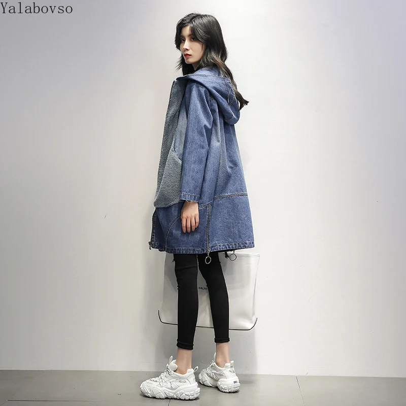 

Denim jacket female mid-length 2019 autumn new Korean version loose slim hooded stitching windbreaker Patchwork A118Z40