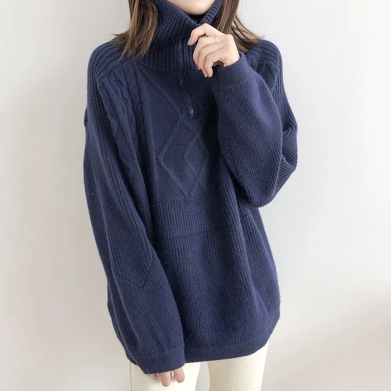 HF19426 Navy Blue H. SA, женский корейский Зимний свитер и пуловеры, темно-синий цвет, свитер с высоким воротом, джемперы, винтажные скрученные толстые вязаные топы - Цвет: HF19426 Navy Blue