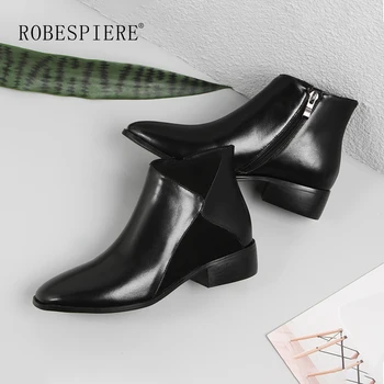 

ROBESPIERE Women's Short Boots 2019 New Women's Chelsea Boots Zipper Square Toe Thick Heels Genuine Leather Women Shoes B118
