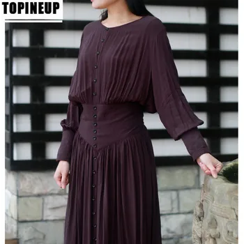 

2020 new Women's French elegant retro solid color elastic waist round Neck Long Sleeve Dress women dress