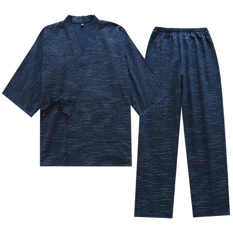 

2021Japanese Kimono Two-piece Men's Spring and Summer New 100% Cotton Bathrobe Two-piece Long Pajamas Home Service Set Robe Sets