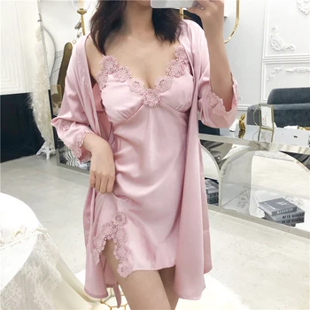 

Pajamas women summer sexy suspender nightgown 2-piece set with chest pad gathered pajamas lace sexy nightdress ice silk