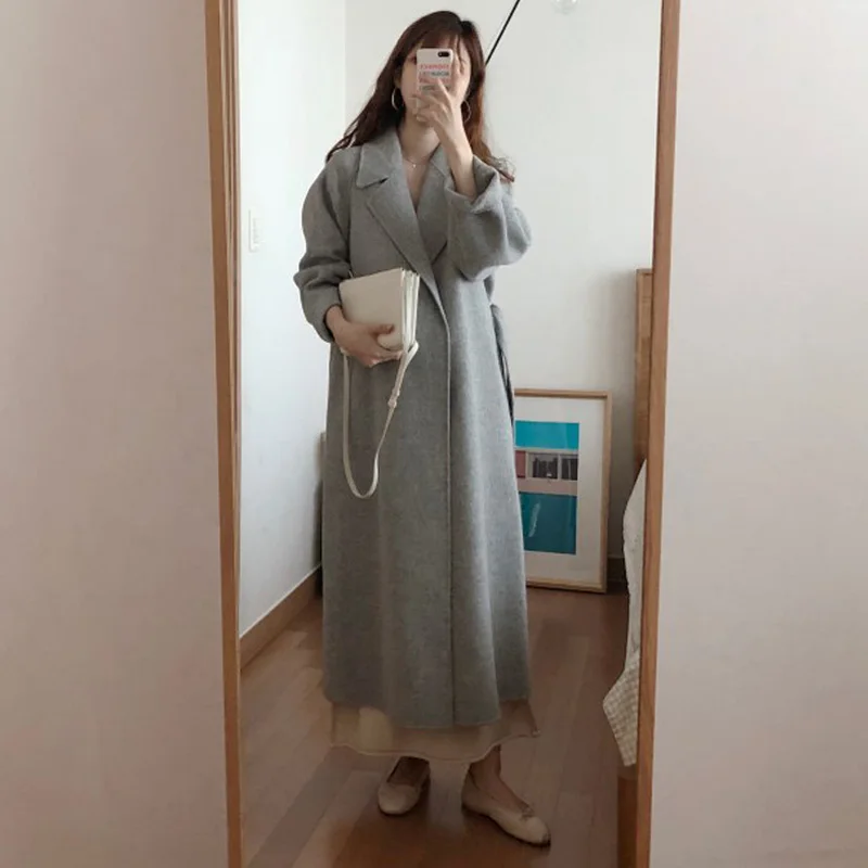 Корейское зимнее пальто женское длинное шерстяное пальто свободные кардиганы кашемировое пальто с длинным рукавом Manteau Femme Hiver элегантное