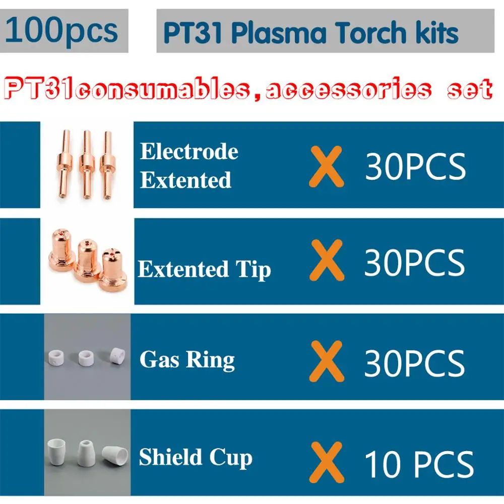 

100Pcs Air Plasma Cutting Tips For PT-31 Cutter Consumables CUT-40 CUT-50 CT-312 CT-418 Swirling Rings Electrode Shield Cups