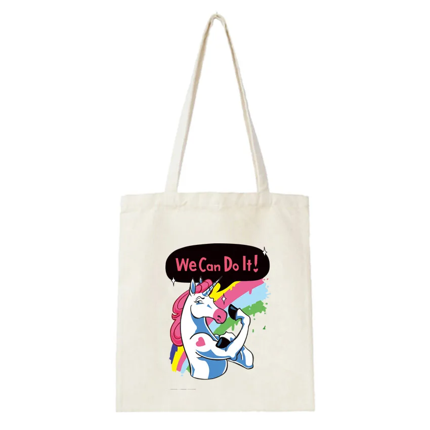 

Women Canvas Shoulder Bag Unicorn We Can Do It Print Shopping Bag Girls School Trval Clothes Bags Handbag Tote Bag Female