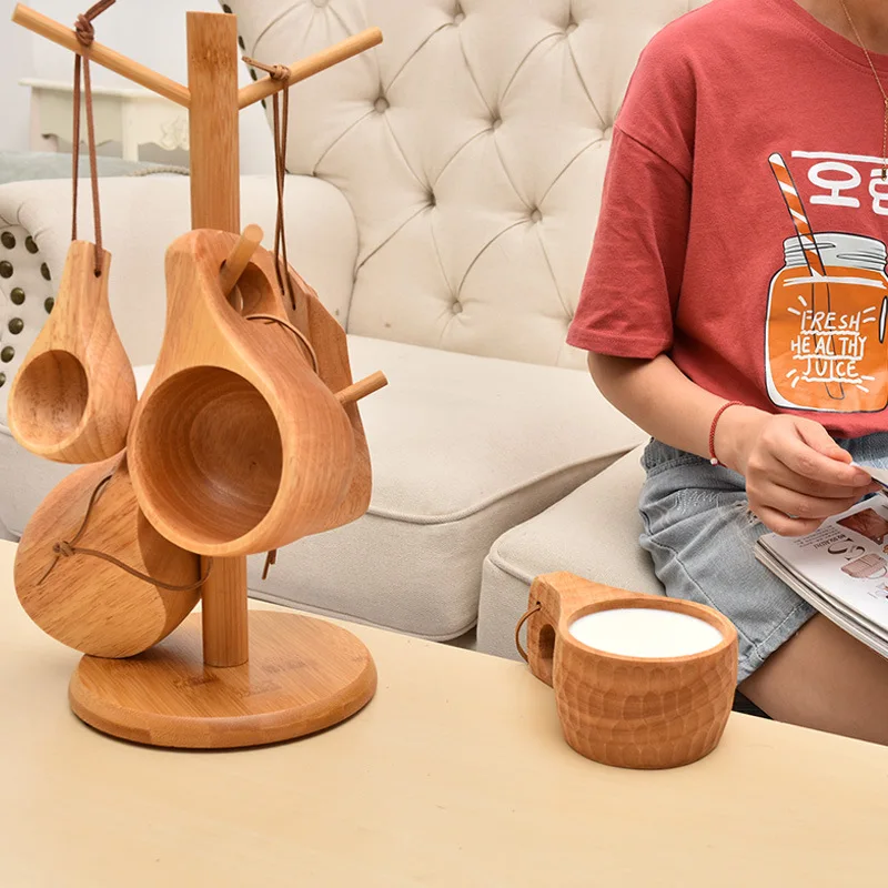 Kuksa Rubber Wood Water Cup, Portable Coffee Mug with Handle, Cowhide Rope Hook, Juice Milk Beer Tea Cup, Outdoor Drinkware 2
