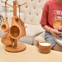 Kuksa Rubber Wood Water Cup, Portable Coffee Mug with Handle, Cowhide Rope Hook, Juice Milk Beer Tea Cup, Outdoor Drinkware 2