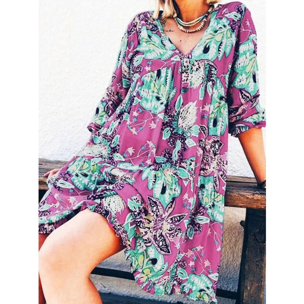Feitong осенние женские платья Boho Цветочные с длинным рукавом платье Праздничная пляжная рубашка платье дамы печати Мини платье Плюс Размер 7#3a1 - Цвет: Фиолетовый
