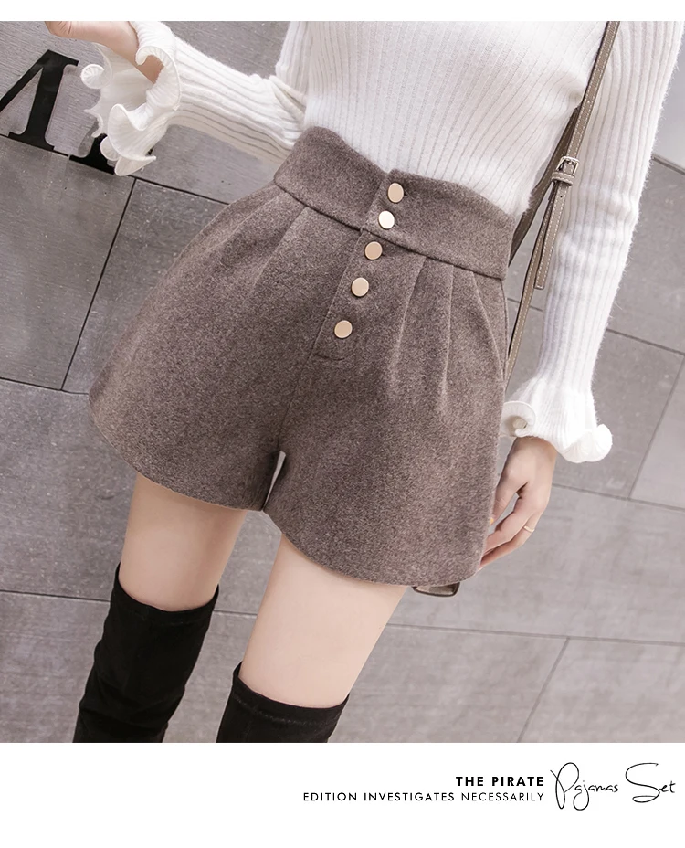 Корейская Высокая талия шерстяные шорты женские уличная осень зима кнопки карманы широкие ноги шорты плюс размер черные сексуальные шорты femme