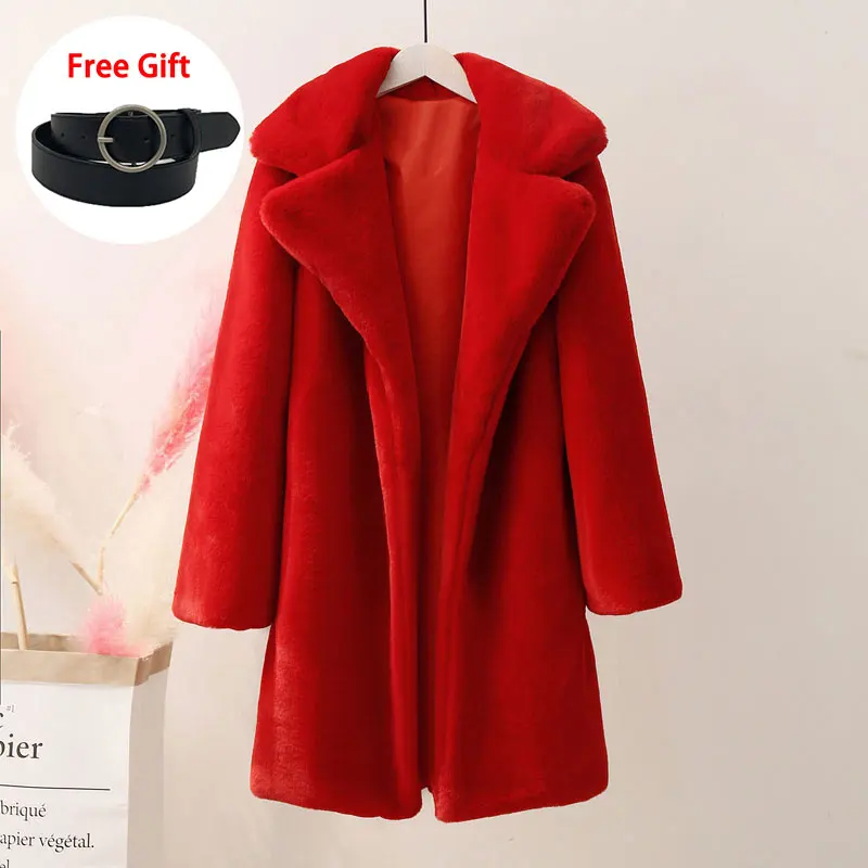 red long fur coat Куртка из искусственного кроличьего меха с высокой талией и поясом; пальто; сезон осень-зима; теплое длинное пальто; Верхняя одежда; модные пушистые куртки; пальто - Цвет: red long fur coat