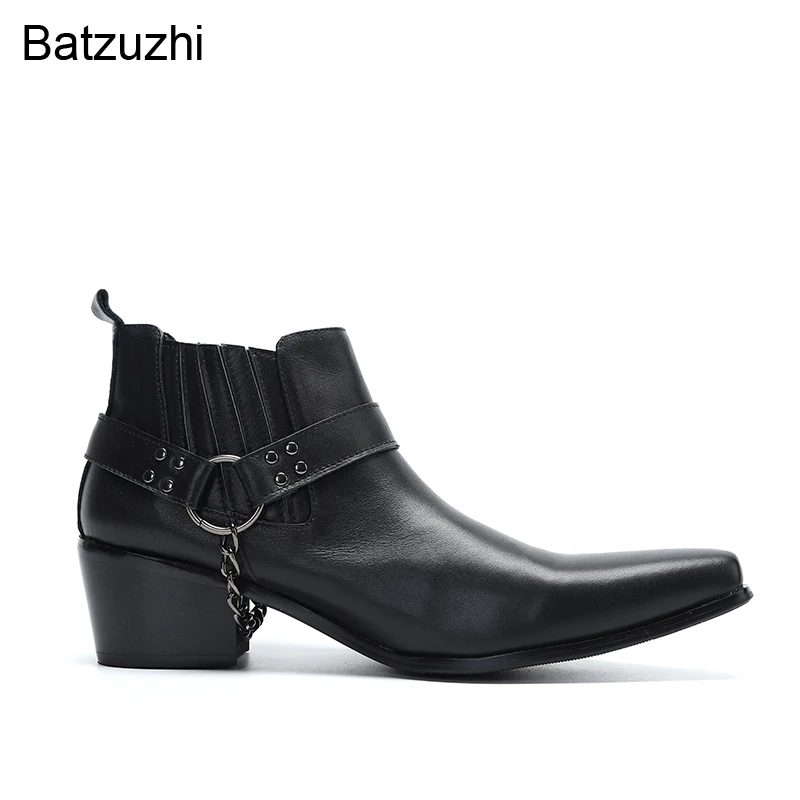 Batzuzhi New Design Men's Boots Black Genuine Leather Boots Men With Chains 6.5cm High Heels Motorcycle Zapatos Hombre, 38-46