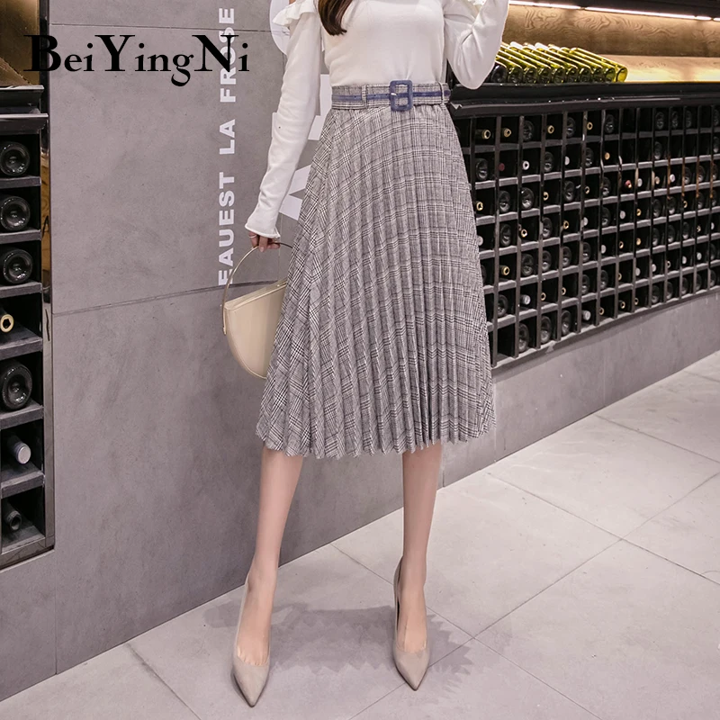 

Beiyingni 2019 Vintage Plaid Belt Women Skirt Office Fashion Elastic High Waist Midi Skirts Elegant Slim Korean OL Pleated Skirt