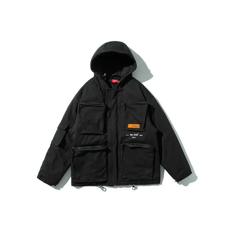 Seveyfan Mens Multi Pockets Winter Jacket and Coat Oversized Hip Hop Hooded Parkas Hooded Windbreaker Coat Male R2918 - Цвет: Черный