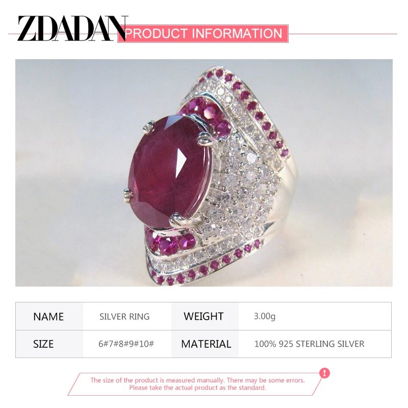 Silver Ring ZDADAN 925 Sterling Silver Ruby Ring For Women Zircon Finger Rings Fashion Jewelry Gifts
