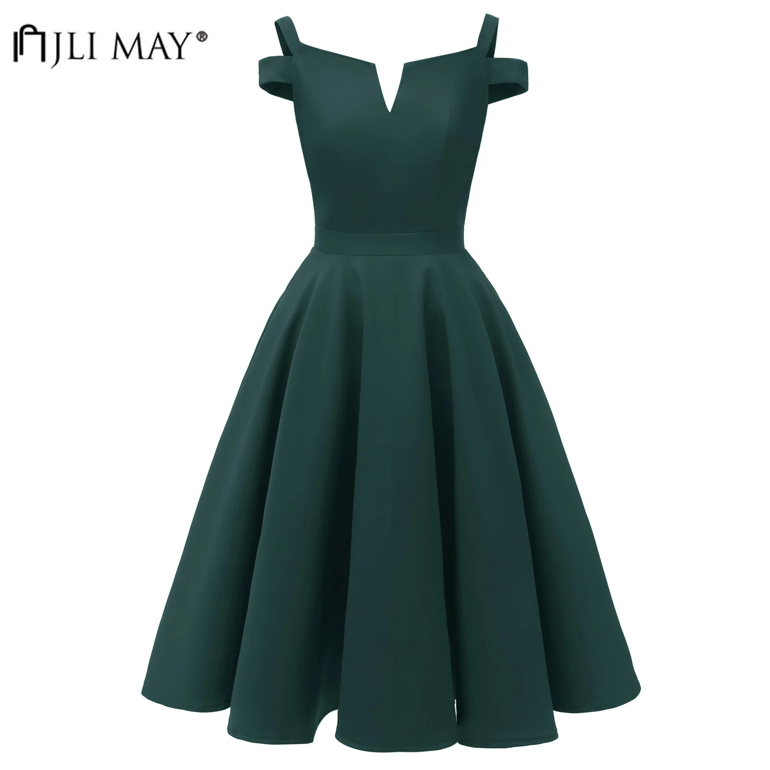 

JLI MAY Off shoulder Party Dress Women Ladies Vintage Retro Elegant Evening Short Sleeve A-Line Solid V-Neck Knee-Length