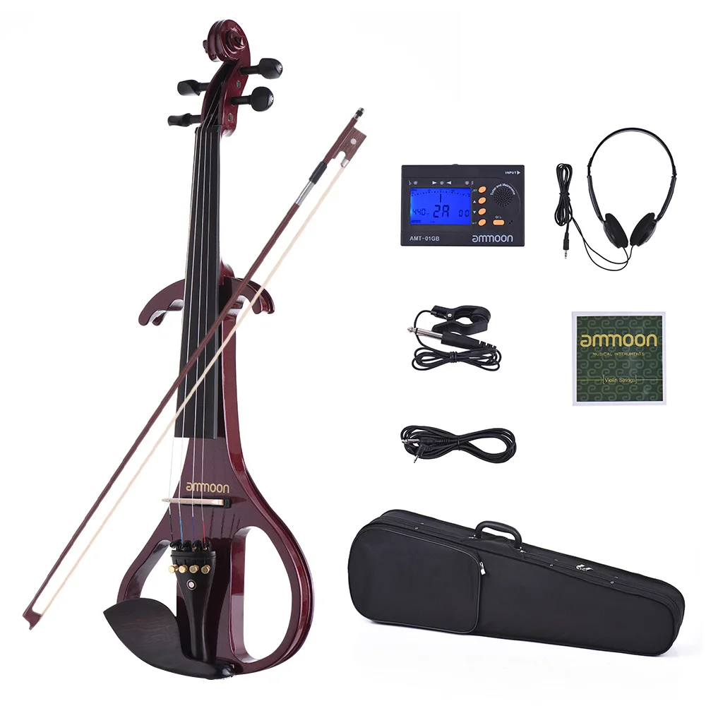 ammoon VE-209 Full Size 4/4 Solid Wood Silent Electric Violin Fiddle Maple Ebony Fingerboard Tailpiece with Bow Hard Case Tuner - Цвет: as show