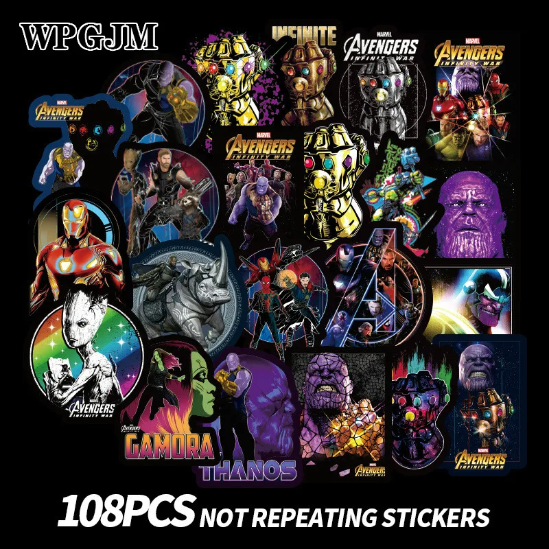 

108Pcs Marvel Waterproof Sticker Thanos Doodle Sticker Super Hero Notebook Skateboard Trolley Case Sticker Cartoon Sticker
