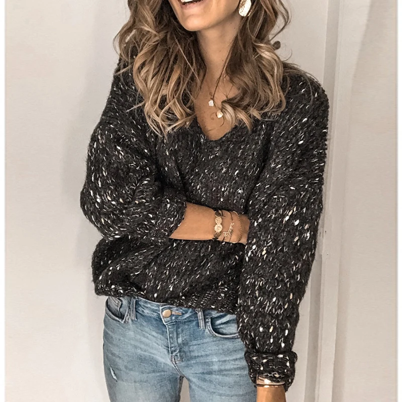 

Autumn Sexy Women V-Neck Knitted Sweater Casual Solid Long Sleeve Pullover Tops Elegant Winter Warm Sweaters Jumper Pull Femme