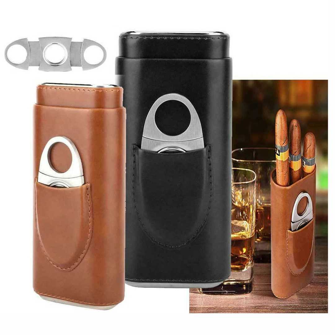 1 Set Humidor Cigar Case Holder Hold Cigars With Cutter New Portable Leather Mini Delicate Travel Kit Humidor Cigar Cutter