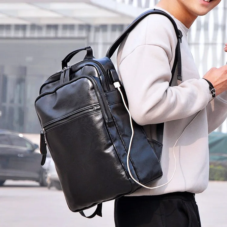

Men Trend of Fashion New Style USB Charging Pu Soft Hide Substance Backpack Large-Volume 15-Inch Computer Backpack Korean-style