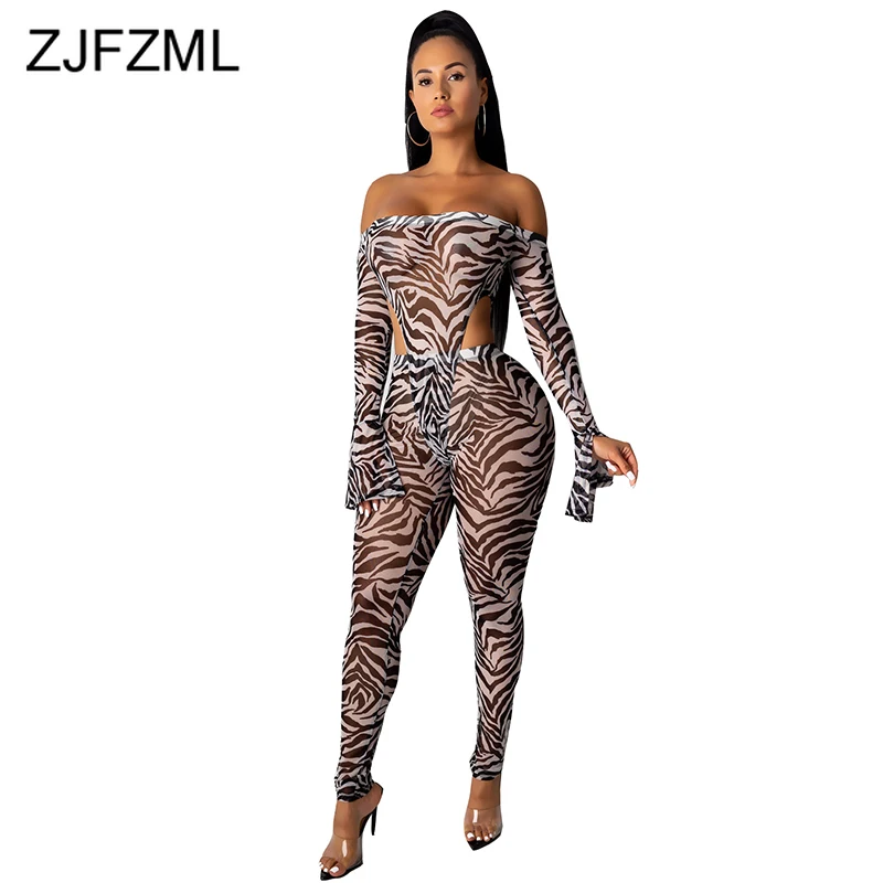 

Animal Print Transparent Mesh 2 Piece Set Women 2019 Slash Neck Flare Sleeve Bodycon Bodysuit and Pencil Pants Sexy Club Outfits