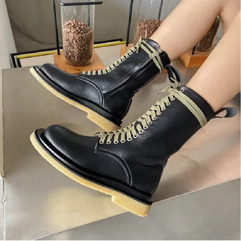 

New Casual 2020 Women Flat Martin Boots Round Toe PU leather Waterproof Lace Up Ankle Boots Designer Black Western Cowboy Boots