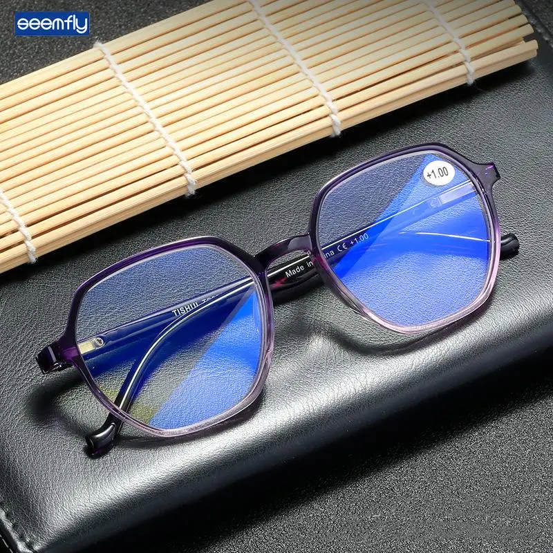 

Seemfly Anti-blue Light Reading Glasses Ultra-light Plastic Anti-fatigue Polygon Glassware Resbyopic Eyewear With Degree +1 to+4