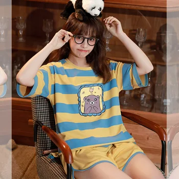 

Summer New Style Women's Knitted Cotton WOMEN'S Short Sleeved Shorts Stripes Sports Set-Outer Wear Homewear Set