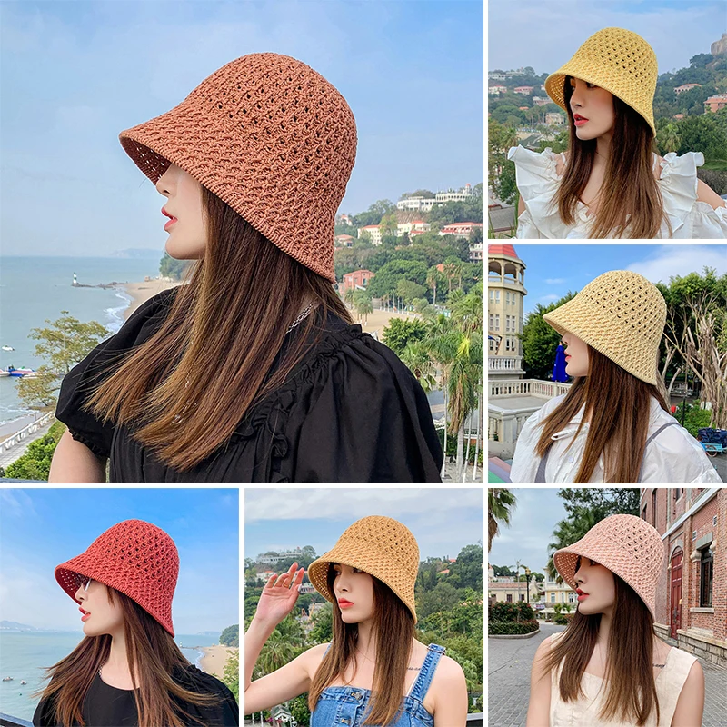 bucket sun hat womens New Solid Color Handmade Crochet Floppy Top Summer Hats For Women Hollow Out Knit Dome Bucket Hat Wide Brim Foldable Beach Caps cool bucket hats