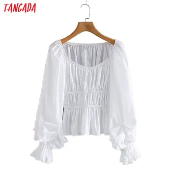 

Tangada women pleated white tunic shirts ruffles long sleeve solid o-neck elegant vintage blouses tops 2XN18