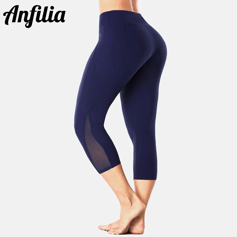

Anfilia Women Yoga Pants Women Slim High Waist Sports Pants Lace Mesh Gym Fitness Elastic Trousers Running Calf Length Pants