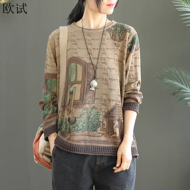 Autumn Spring Sweater Women Knitted Print Floral Pullovers Sweaters