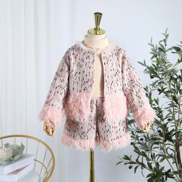 

5295 Tassels Christmas Thanksgiving Princess Winter Baby Girl Clothing Set Outwear Coat Tops Jacket + Short Wholesale Clothes