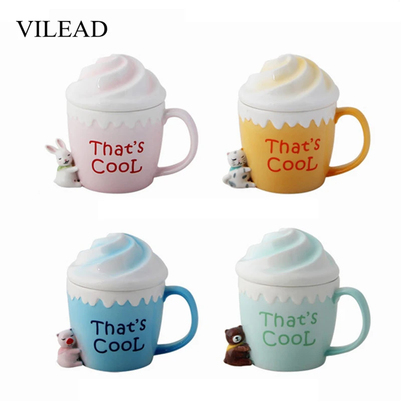 VILEAD 350 мл керамическая кружка для мороженного милый мультфильм с крышкой чашка студенческий подарок для пары Кофе Молоко Вода чашка креативная чашка для завтрака
