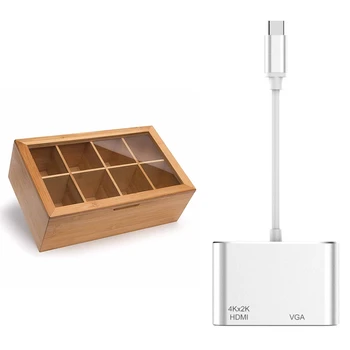

USB 3.1 Type C to HDMI VGA Adapter-2 in 1 Type C USB C to HDMI 4Kx2K VGA Cable with Bamboo Tea Box Storage Organizer