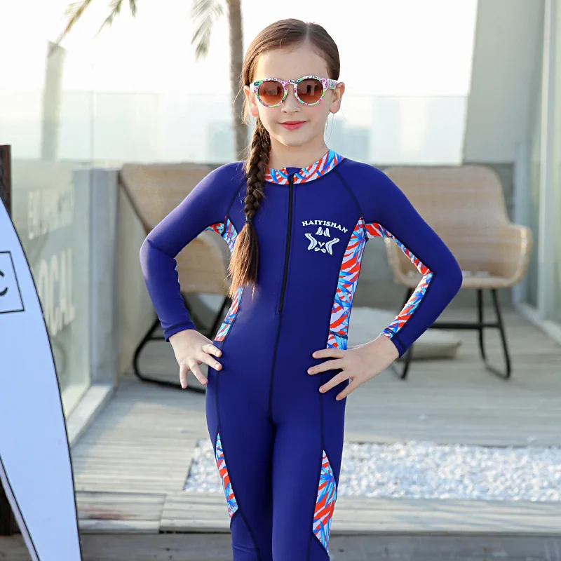 Детский купальник для мальчиков и девочек, соединенные брюки с длинными рукавами, теплая Солнцезащитная противомедузная одежда для дайвинга, костюм для серфинга, бикини - Цвет: Синий
