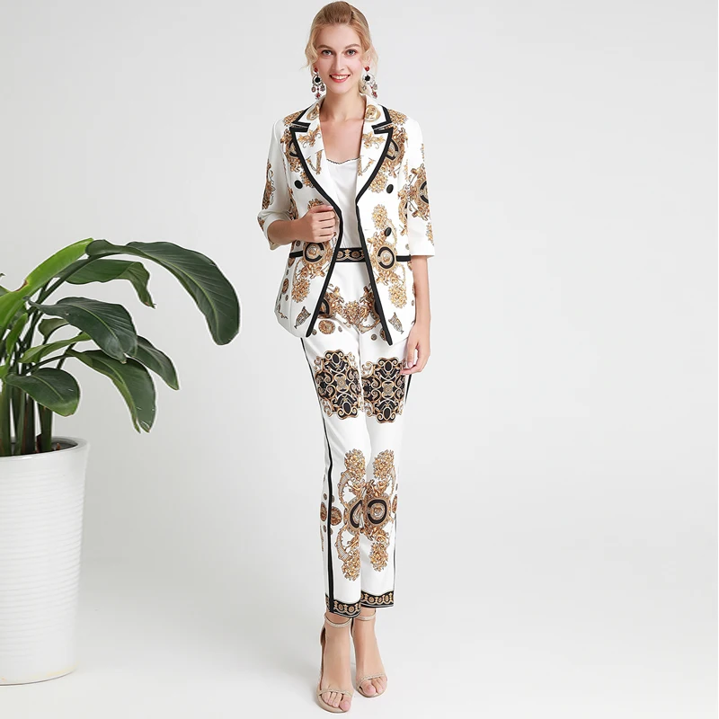 

VERDEJULIAY Vintage Office Lady Twinset Women 2020 High Quality Half Sleeve Blazer Top + Ankle Length Pants Palace Print Suits