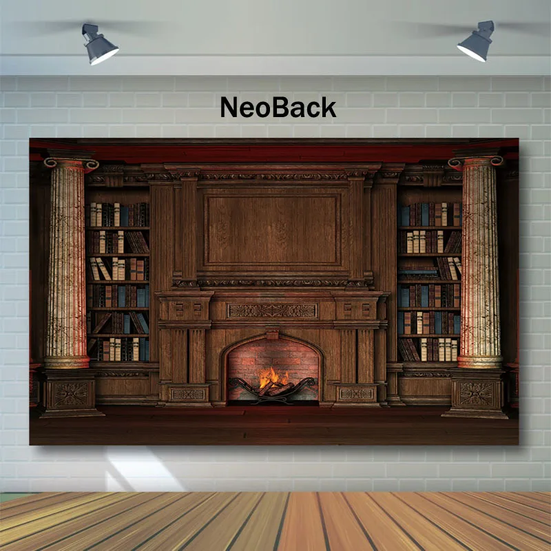 

Neoback Christmas Backdrop Retro Vintage Bookcase Fireplace Photography Backdrops Newborn Baby Kids Backgrounds for Photo Studio